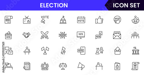 Election  vector web line icon collection, sleek illustrations of ballots, podiums, flags, governance for impactful, civic-minded designs.