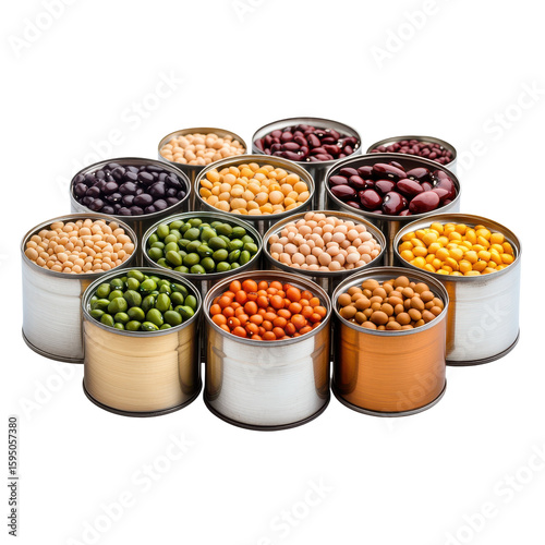 Assorted Cans of Legumes and Beans Displayed in a Circular Arrangement for Healthy Cooking and Meal Prep Ideas on transparent background