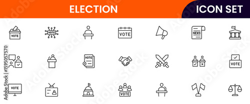 Election  vector web line icon collection, sleek illustrations of ballots, podiums, flags, governance for impactful, civic-minded designs.
