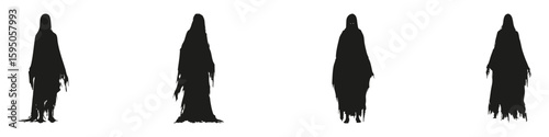 Ghostly Figures In Silhouette Set. Horror And Supernatural Theme Collection. Halloween And Spooky Design Use. Isolated Vector Illustration