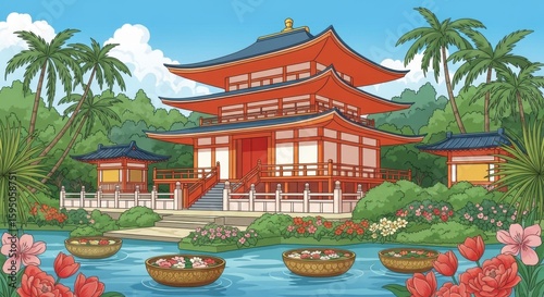 Serene Japanese Temple Surrounded by Lush Tropical Gardens and Water Lilies