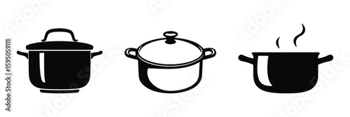 Collection of three black cooking pots icons on white background one with steam rising vector illustration