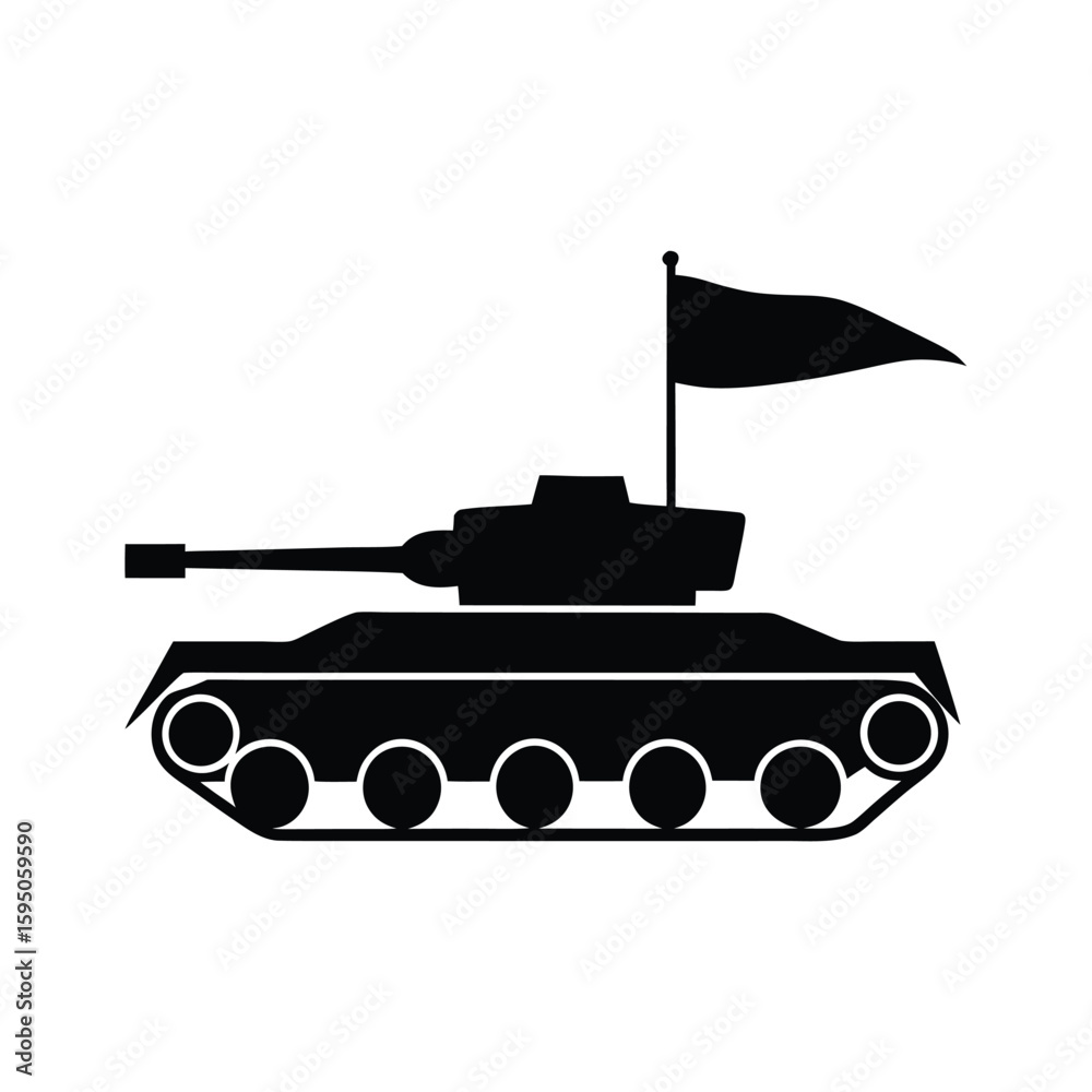 Fototapeta premium Tank with waving flag vector silhouette
