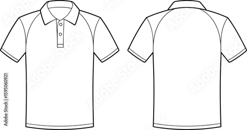 Technical flat sketch polo shirt design, front and back view, short sleeve apparel template for fashion design and clothing illustration