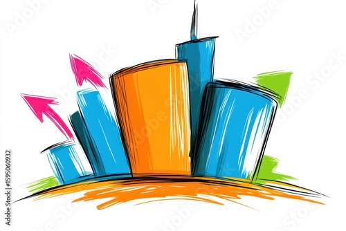 Playful Colorful City Skyline Sketch with Upward Arrows