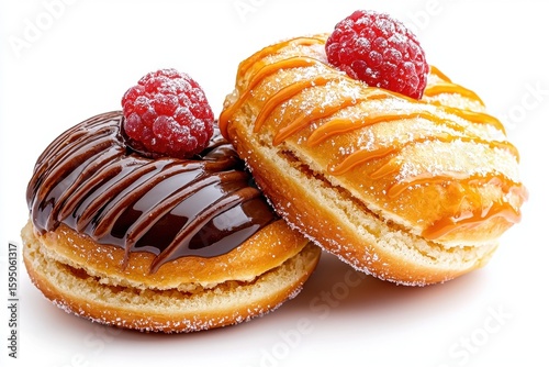 Two Donuts Topped with Chocolate and Caramel Icing and Raspberries