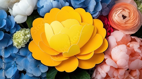 Vibrant Yellow Paper Flower Among Blue and Pink Blossoms