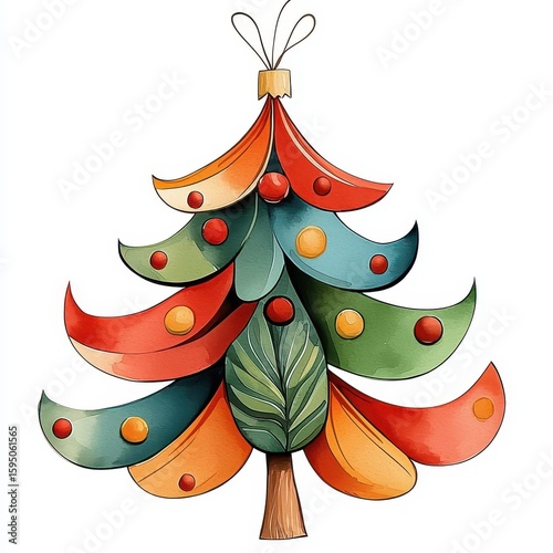 Watercolor Christmas Tree with Colorful Ornaments