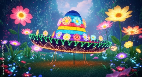 Vibrant Festive Sombrero in a Magical Floral Garden Illuminated by Enchanting Lights