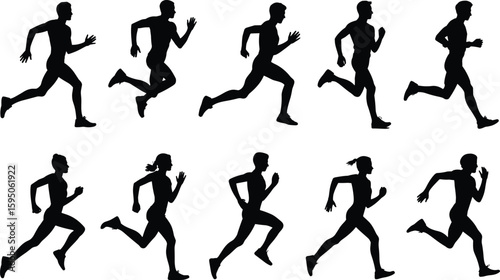 Silhouettes of male and female runners in motion, jogging and sprinting poses, fitness training, athletic vector illustration for health concept