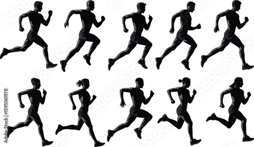 Silhouettes of male and female runners in motion, athletic sprint poses, workout training, sport exercise concept for fitness design