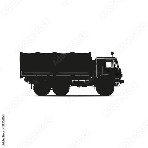 Military Cargo Truck Silhouette. Transportation And Logistics Concept. Isolated Vector Illustration