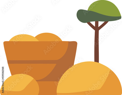 tree with green leaves and basket of orange fruits on white background for natural agriculture, eco visuals, and educational design