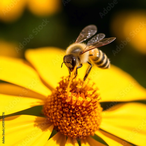 Macro view of honey bee with fuzzy body collecting pollen on flower  