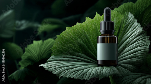 Aromatic herbal essence bottle mockup on a large green leaf for organic skincare and wellness