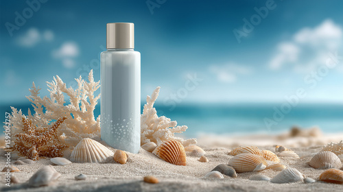 Summer vibes: Sunscreen bottle amidst seashells and coral on tropical beach backdrop
