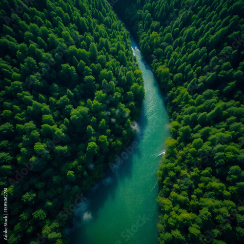 Aerial view of winding river flowing calmly through lush green landscape  