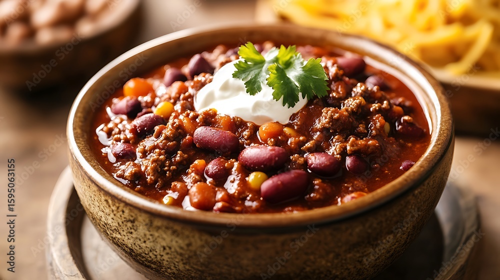 Hearty Chili with Beans and Sour Cream in a Ceramic Bowl Hearty Chili with Beans and Sour Cream in a Ceramic Bowl