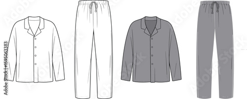 Men’s classic pajama flat sketch, front view buttoned top and drawstring pants, fashion technical drawing for sleepwear design concept