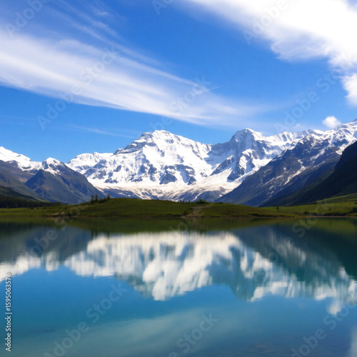 Serenely calm lake with glassy surface mirroring the tranquil sky and surroundings  