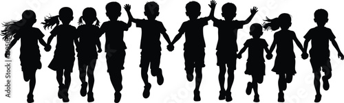 Silhouette vector of a group of children running together while holding hands, front view