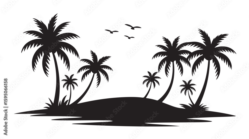 Fototapeta premium Black Silhouette Tropical Beach Island Paradise Scene with Palm Trees