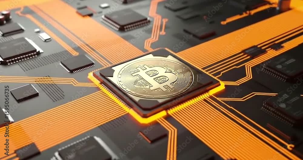 Bitcoin Cryptocurrency on Computer Chip: Digital Finance Technology, Circuit Board