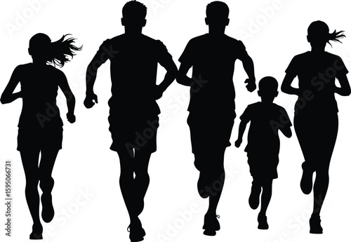 Family running together silhouette, front perspective vector