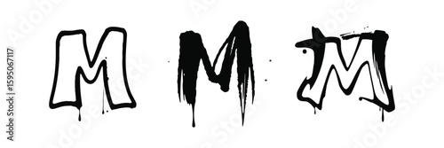 Three distinct graffiti style letters M in black on a white background with dripping effects representing urban art and creative expression vector illustration