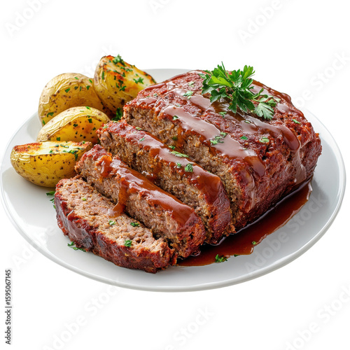 Delicious Homemade Meatloaf with Herb-Seasoned Potatoes on a Plate on transparent background