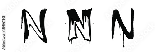 Three black dripping letter Ns in graffiti style against a white background representing a stylized artistic alphabet vector illustration