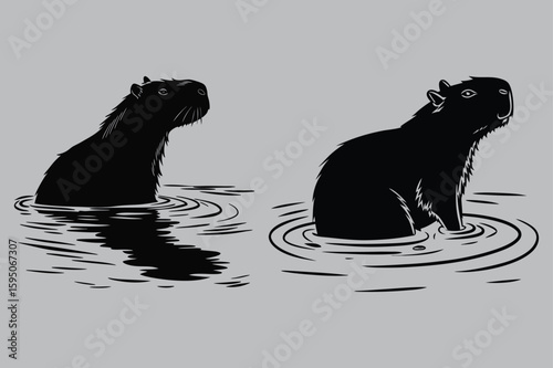 Capybara Bathing in Hot Spring silhouette vector design art and illustration