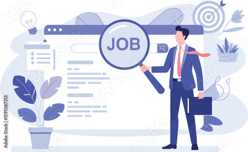 Businessman Searching for Job Online - Career Opportunities, Employment, Recruitment, Hiring, Vacancy, Internet, Technology, Flat Design, Vector Illustration, Professional, Business, Human Resources, 