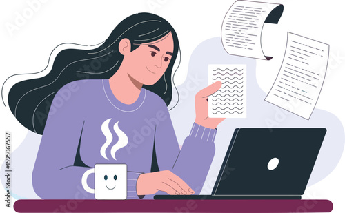 Young Woman Working Remotely on Laptop with Documents and Coffee - Remote Work, Online Learning, Freelance, Content Creation, Productivity, Home Office, Digital Nomads, Study, Writing, Business, Educa