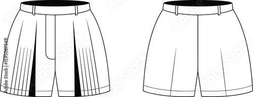 Flat sketch of front and back pleated shorts with belt loops, technical vector fashion drawing for design, clothing template outline