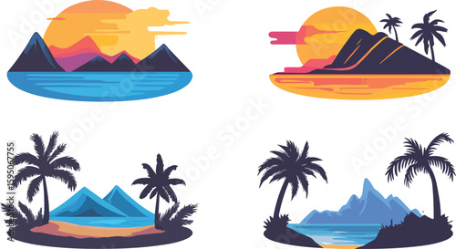 Set of Tropical Landscape Illustrations with Palm Trees Mountains and Water