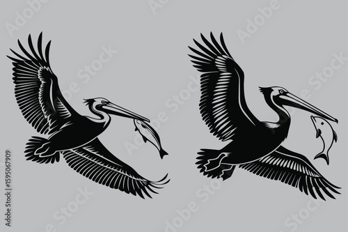 Pelican Catching Fish in Beak Silhouette vector design art and illustration