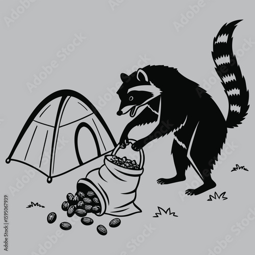 Raccoon stealing food from campsite at night silhouette vector design art and illustration