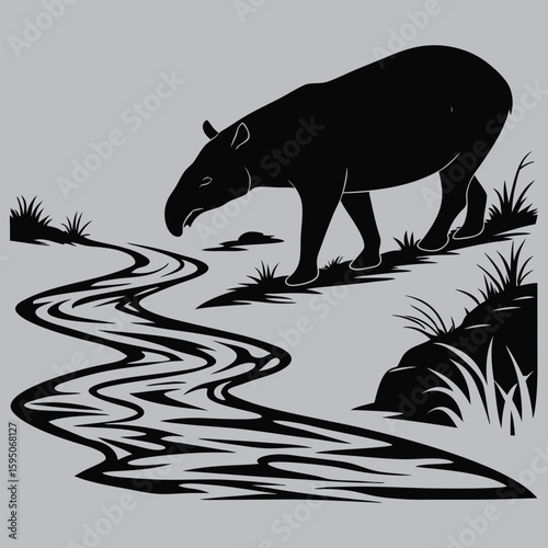 Tapir drinking from river silhouette vector design art and illustration