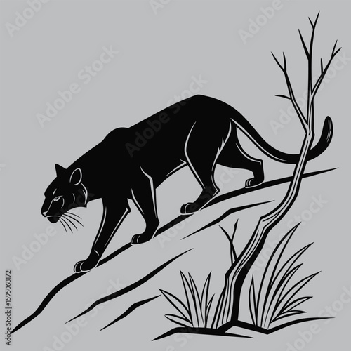 Wild Cat Silhouette Stalking Prey  silhouette vector design art and illustration