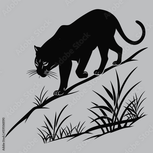 Wild Cat Silhouette Stalking Prey  silhouette vector design art and illustration