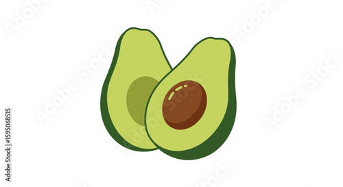Illustration of two avocado halves with a pit on a white background