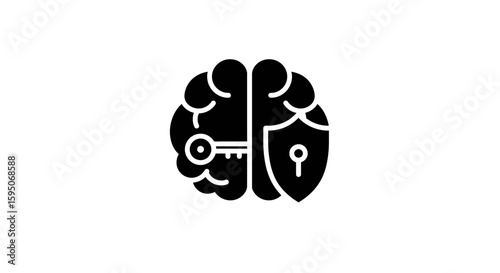 Brain security concept showing a brain with a key and a shield icon
