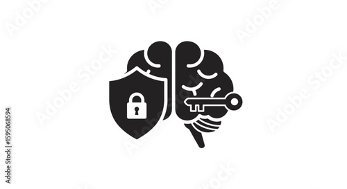Illustration of a brain with a shield padlock and key for security
