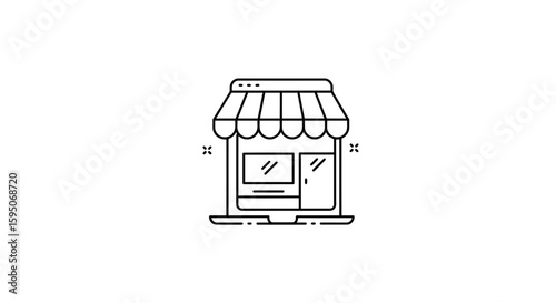Outline drawing of a shop front with awning and window display design