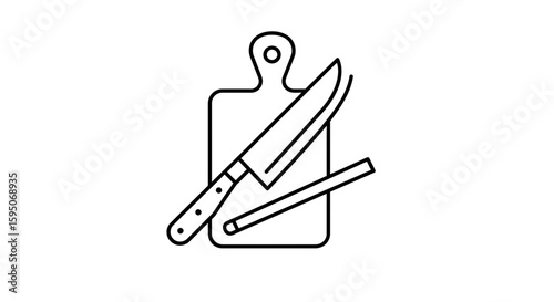 Outline drawing of a knife and a sharpening steel on a cutting board