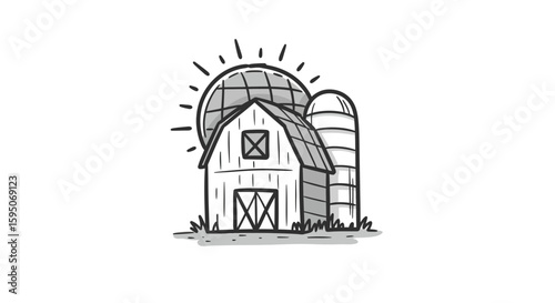 Sketch of a barn and silo with a sun shining behind them in black and white