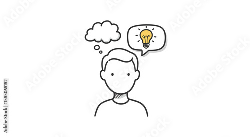 Person thinking with a lightbulb and cloud in thought bubbles drawing