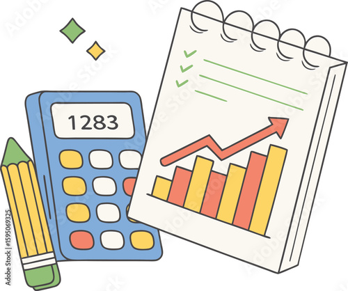 Financial growth and analysis tools calculator notebook and pencil illustration