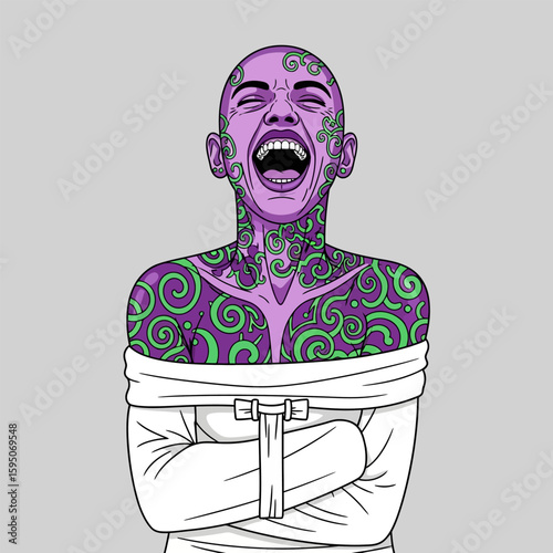 Screaming Bald Woman in Straightjacket with Purple Skin and Green Swirl Tattoos